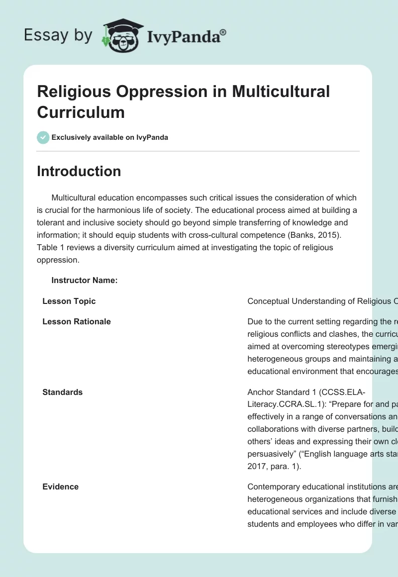 Religious Oppression in Multicultural Curriculum. Page 1
