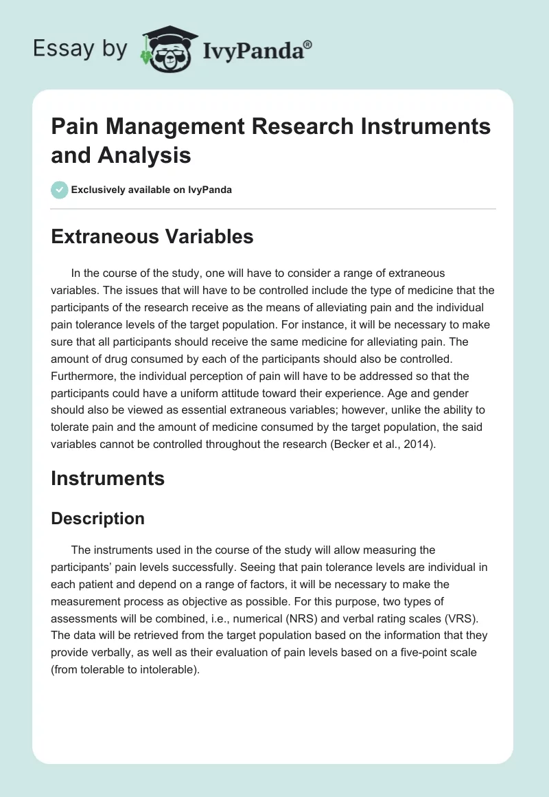 Pain Management Research Instruments and Analysis. Page 1