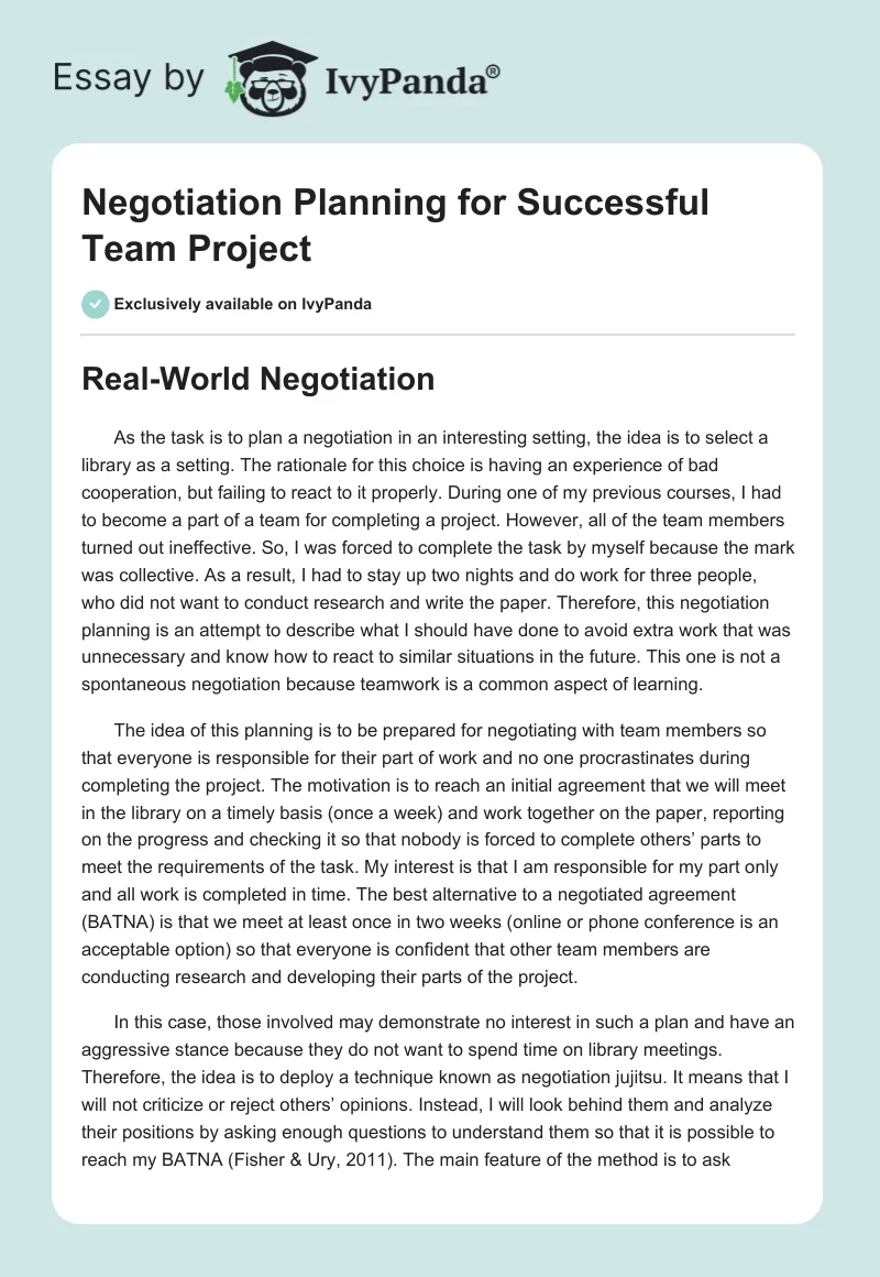 Negotiation Planning for Successful Team Project. Page 1