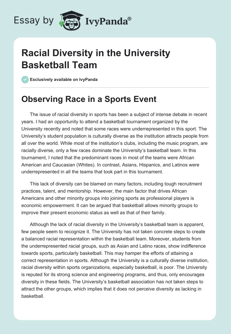 Racial Diversity in the University Basketball Team. Page 1