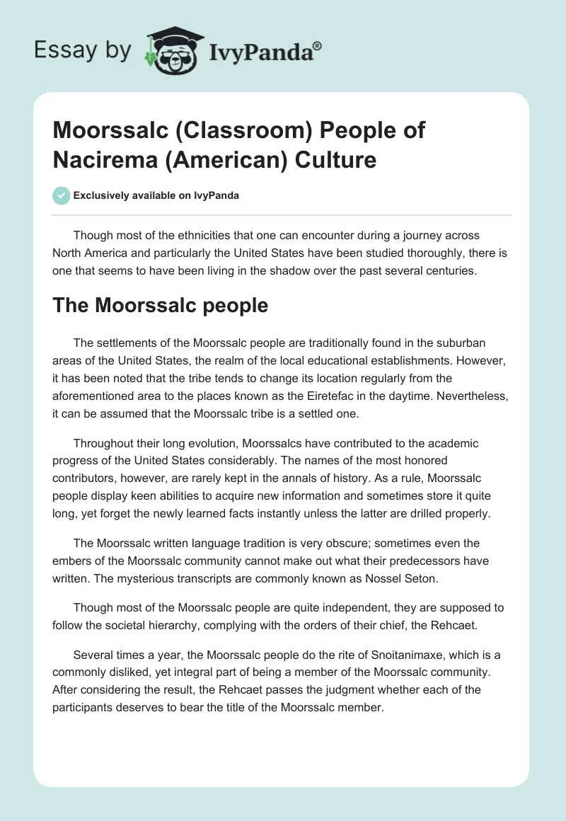 Moorssalc (Classroom) People of Nacirema (American) Culture. Page 1