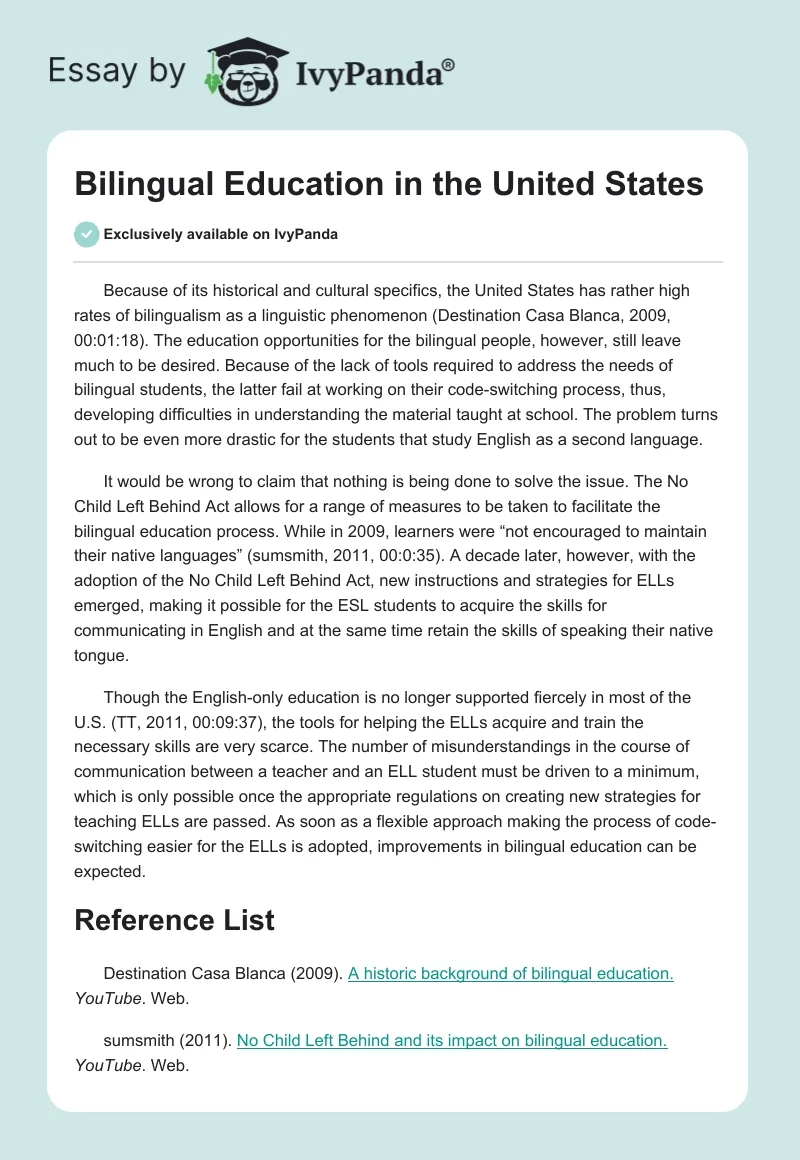 Bilingual Education in the United States. Page 1