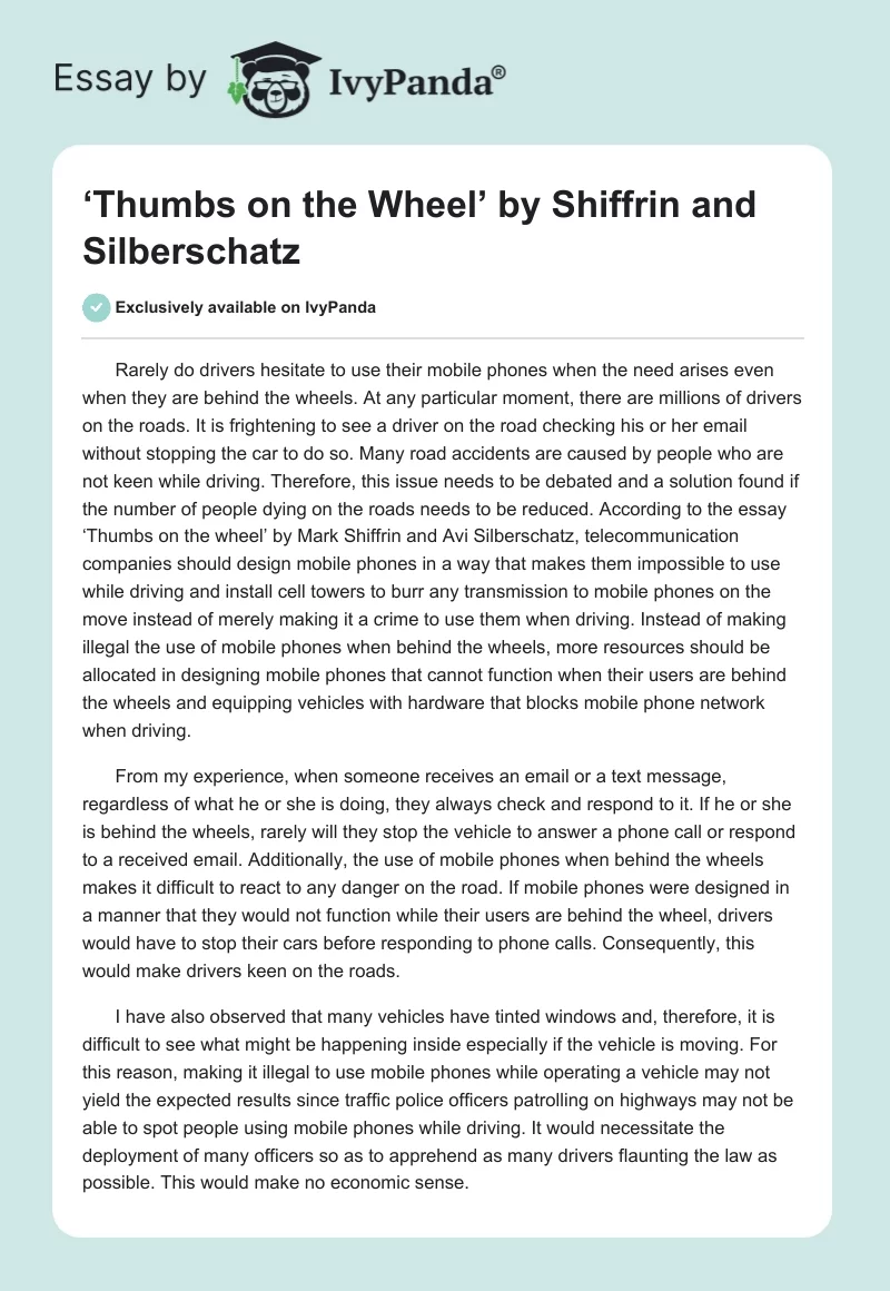 ‘Thumbs on the Wheel’ by Shiffrin and Silberschatz. Page 1