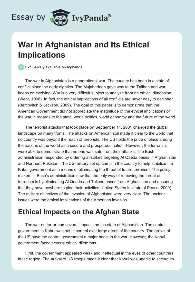 War in Afghanistan and Its Ethical Implications. Page 1