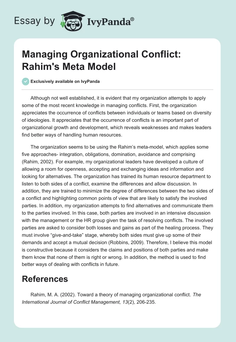 Managing Organizational Conflict: Rahim's Meta Model. Page 1