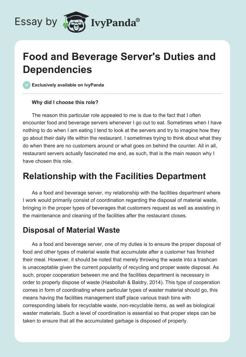 Food and Beverage Server's Duties and Dependencies. Page 1
