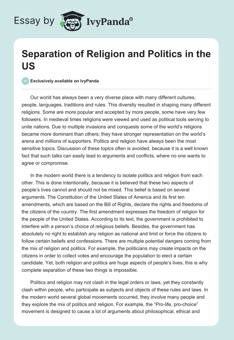 Separation of Religion and Politics in the US. Page 1