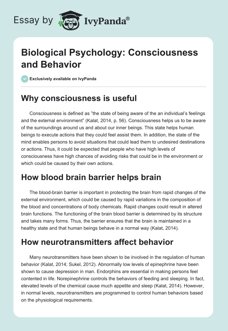 Biological Psychology: Consciousness and Behavior. Page 1