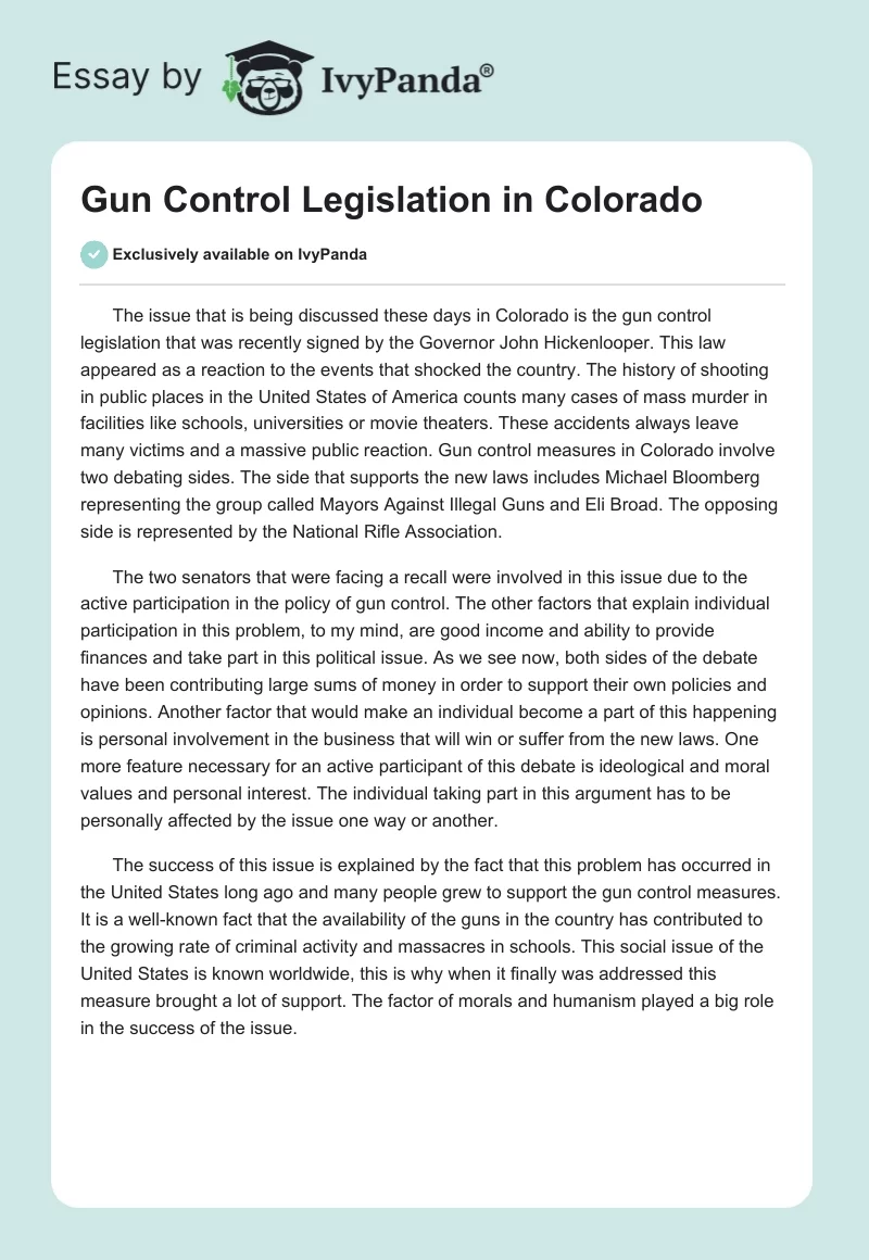 Gun Control Legislation in Colorado. Page 1