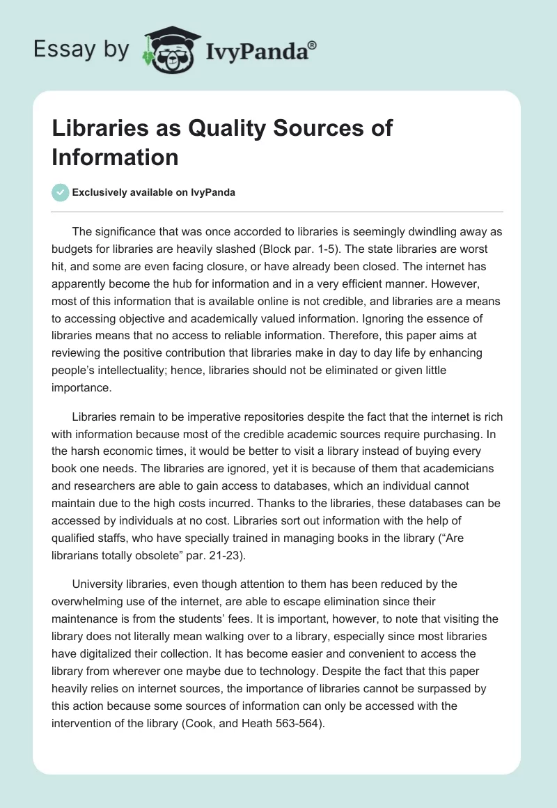 Libraries as Quality Sources of Information. Page 1
