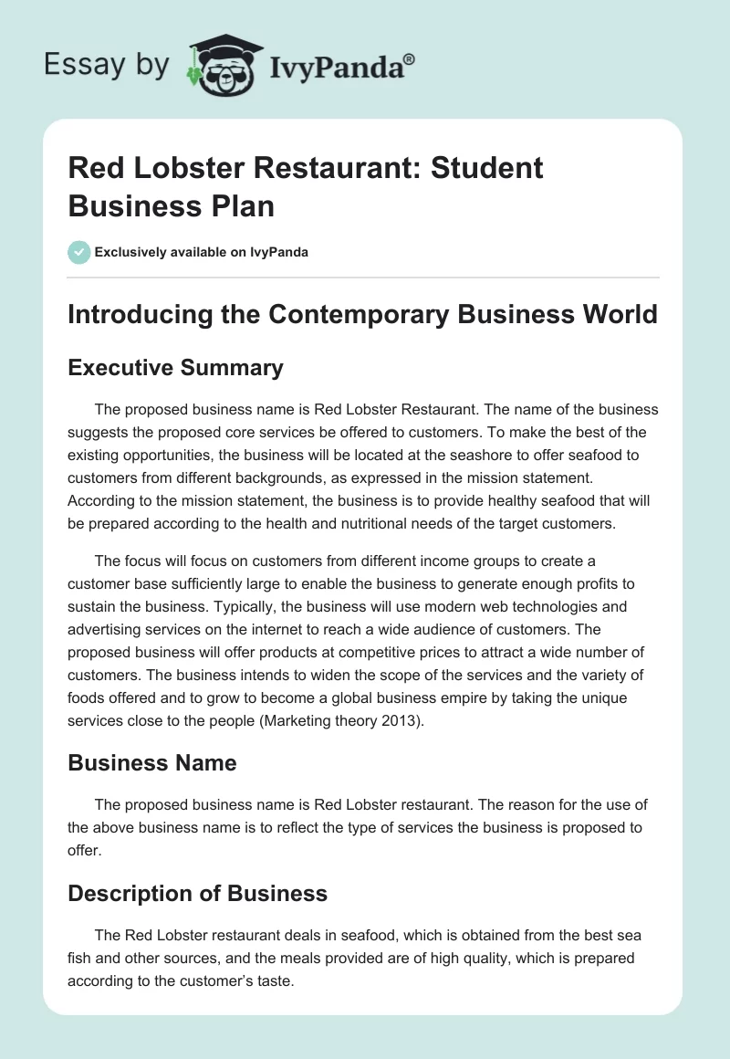 Red Lobster Restaurant: Student Business Plan. Page 1