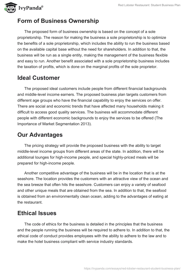 Red Lobster Restaurant: Student Business Plan. Page 2
