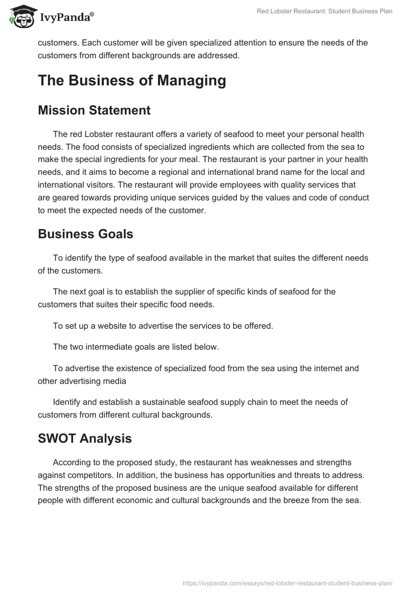 Red Lobster Restaurant: Student Business Plan. Page 4