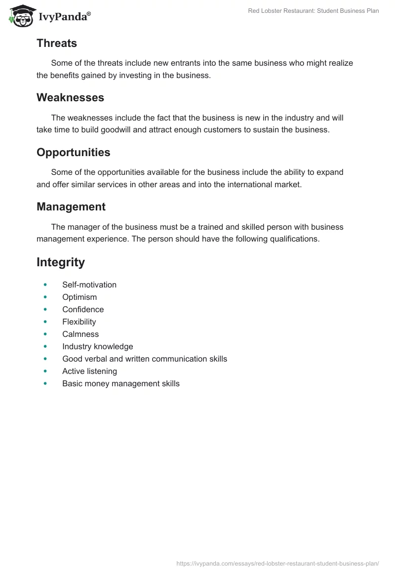 Red Lobster Restaurant: Student Business Plan. Page 5