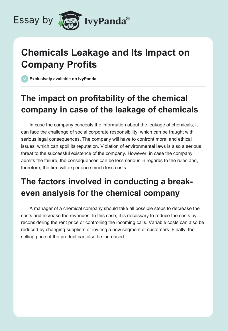 Chemicals Leakage and Its Impact on Company Profits. Page 1