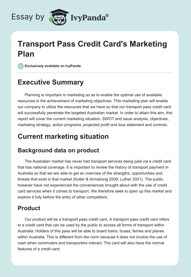 Transport Pass Credit Card's Marketing Plan. Page 1