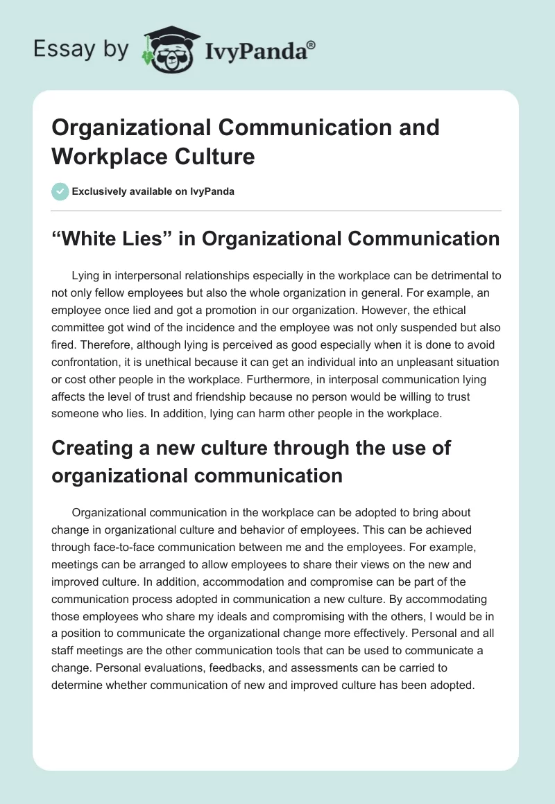 Organizational Communication and Workplace Culture. Page 1