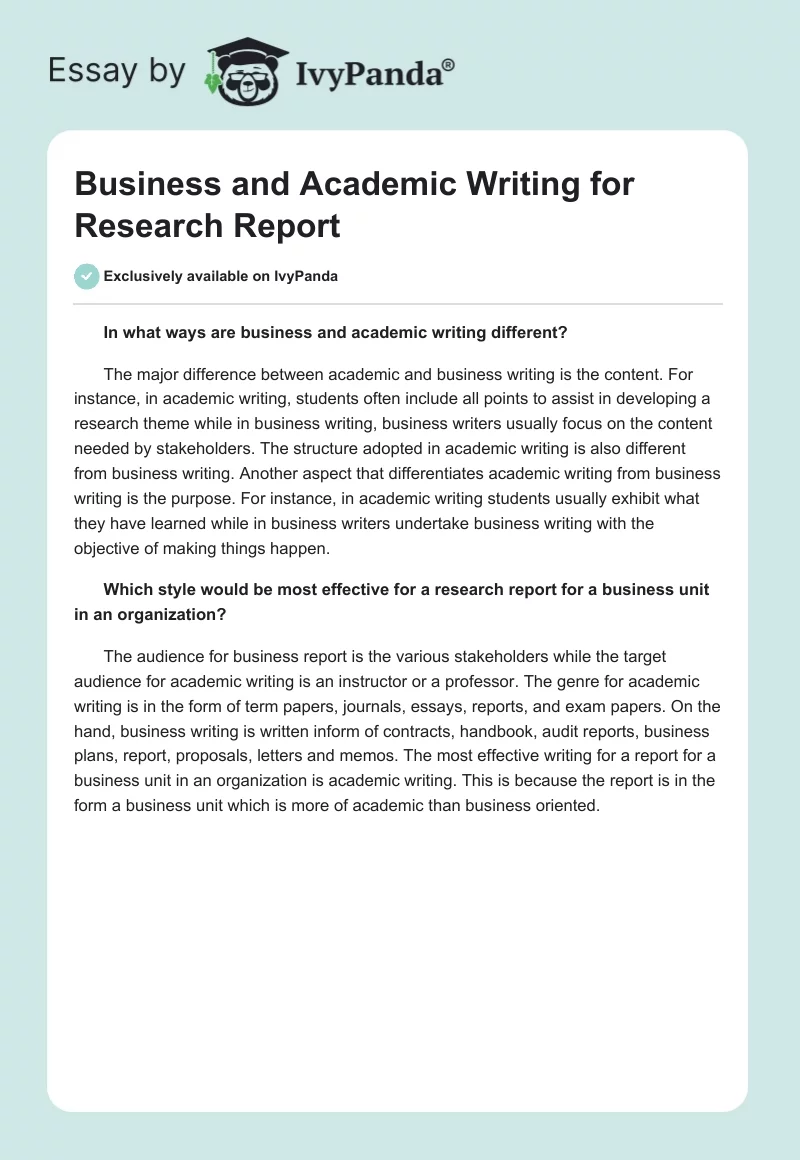 Business and Academic Writing for Research Report. Page 1