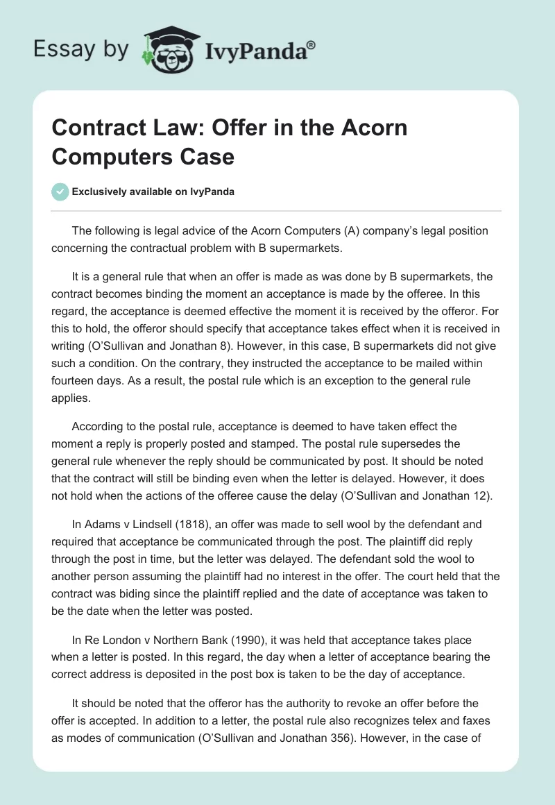 Contract Law: Offer in the Acorn Computers Case. Page 1