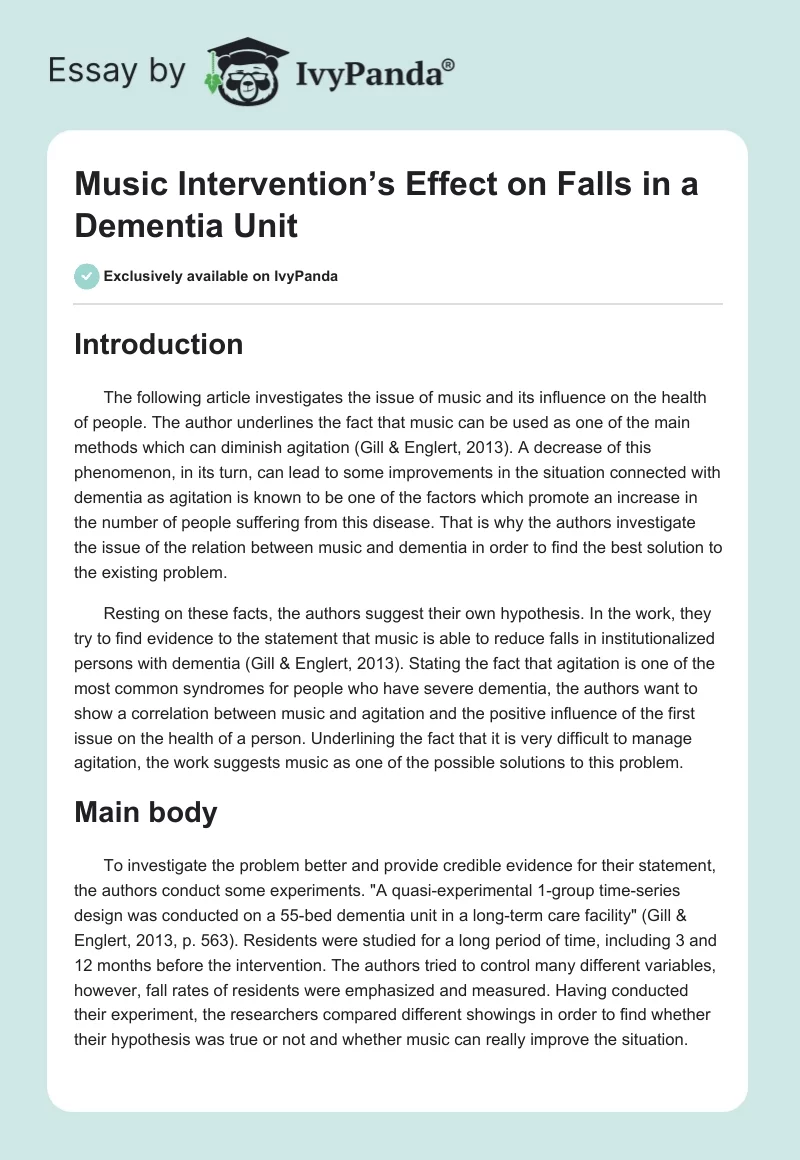Music Intervention’s Effect on Falls in a Dementia Unit. Page 1