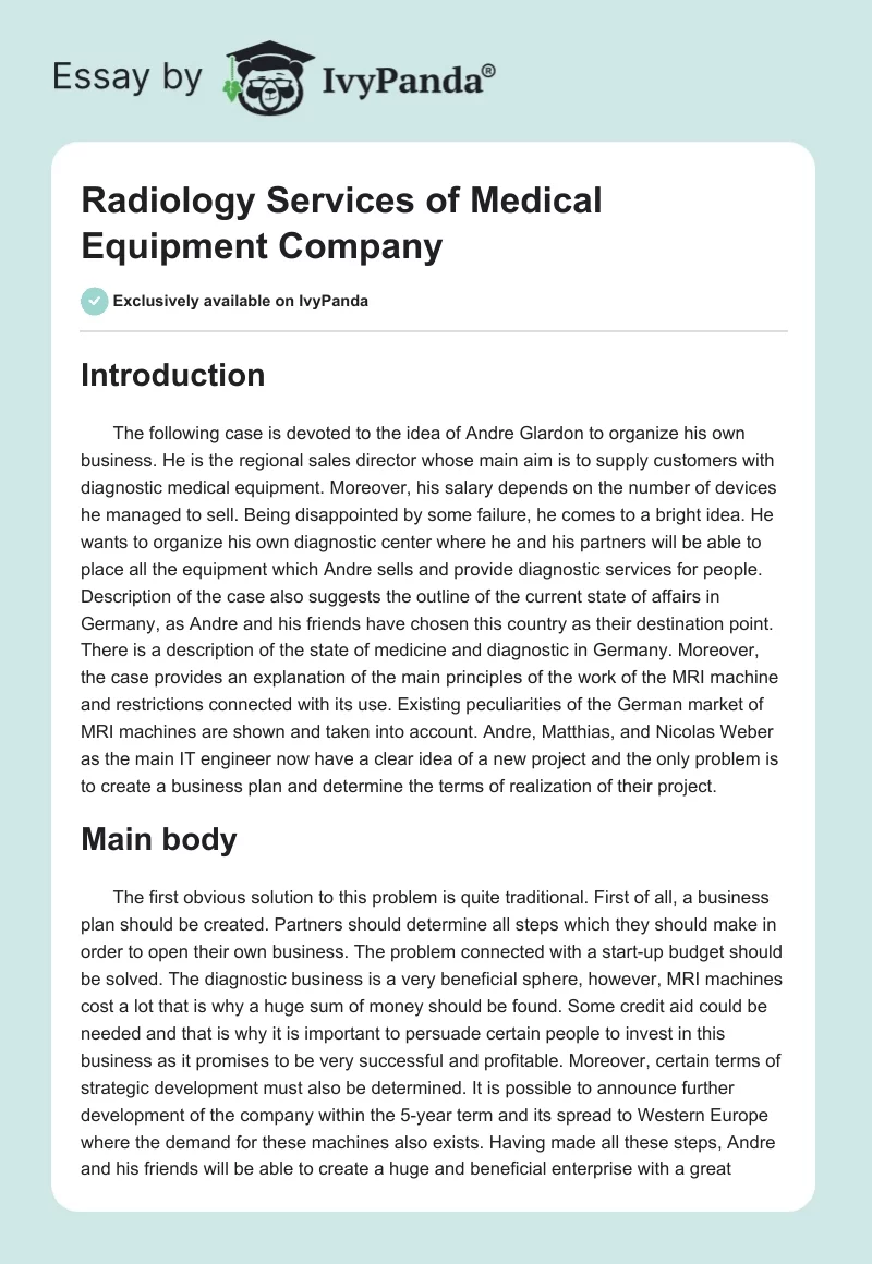 Radiology Services of Medical Equipment Company. Page 1