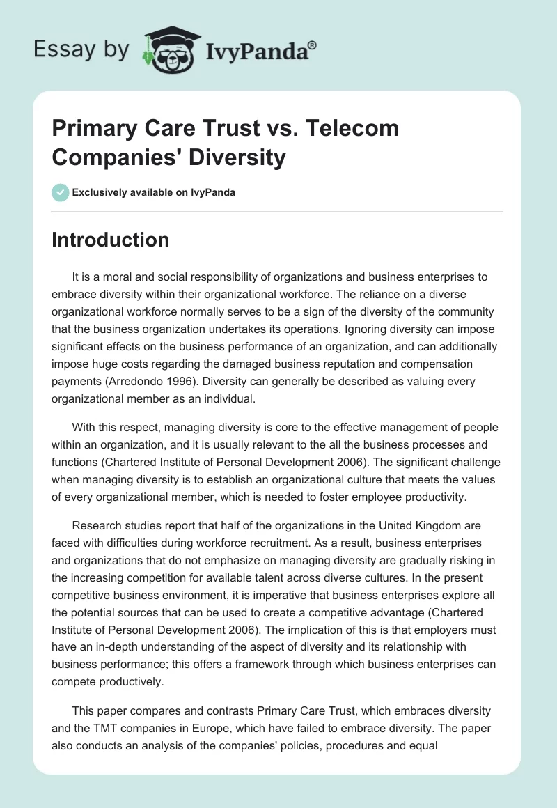 Primary Care Trust vs. Telecom Companies' Diversity. Page 1