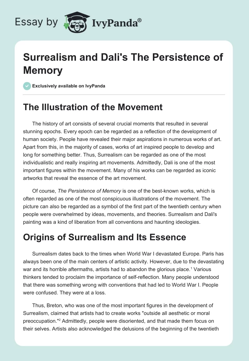 Surrealism and Dali's "The Persistence of Memory". Page 1
