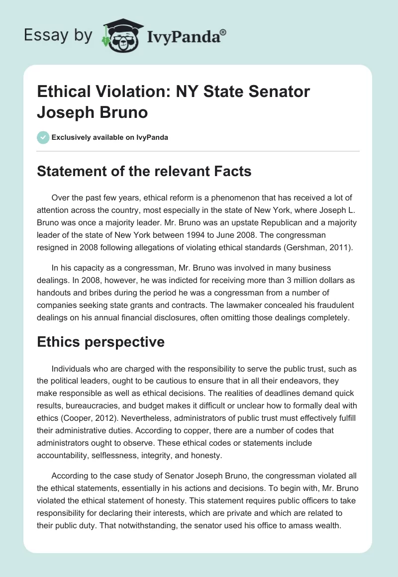 Ethical Violation: NY State Senator Joseph Bruno. Page 1