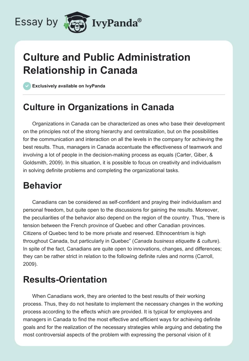 Culture and Public Administration Relationship in Canada. Page 1