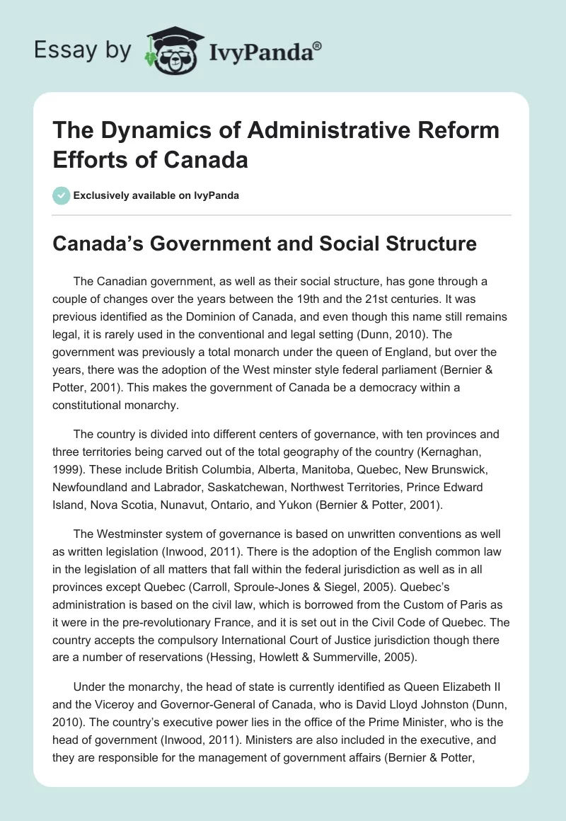 The Dynamics of Administrative Reform Efforts of Canada. Page 1