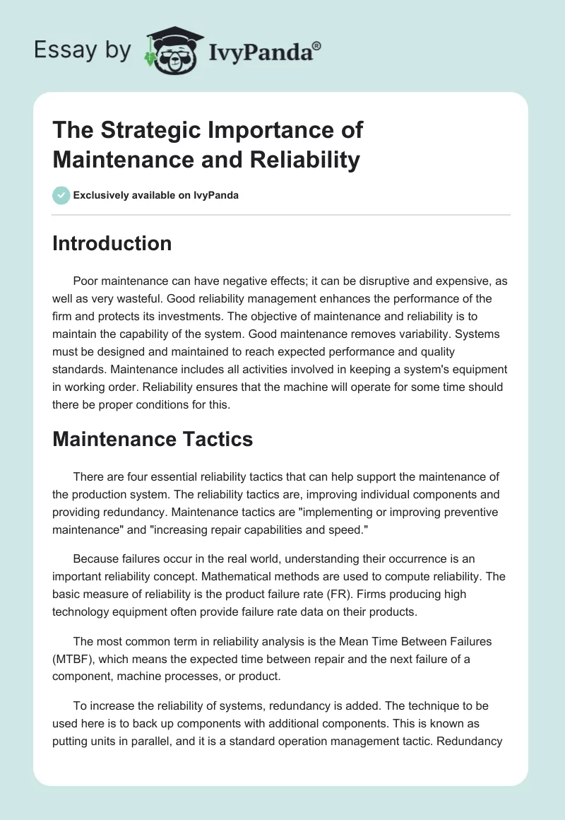 The Strategic Importance of Maintenance and Reliability. Page 1