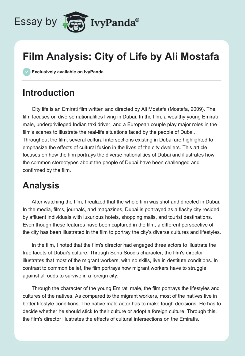 Film Analysis: "City of Life" by Ali Mostafa. Page 1