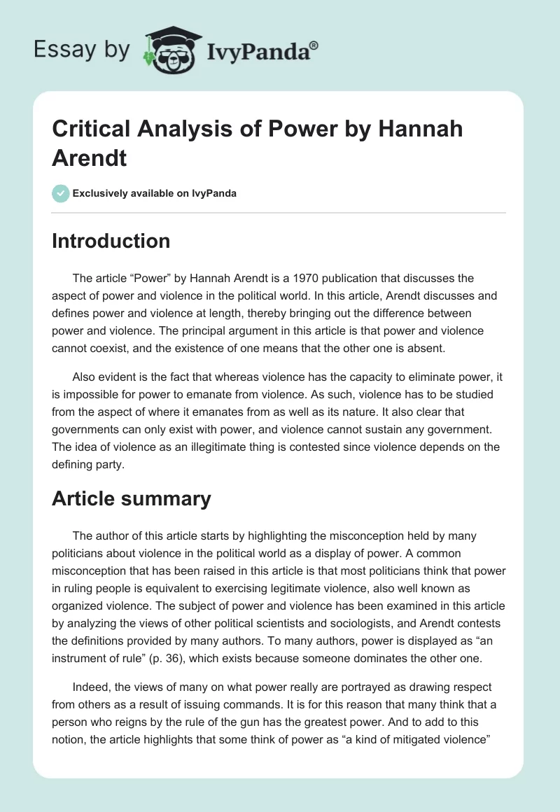 Critical Analysis of "Power" by Hannah Arendt. Page 1