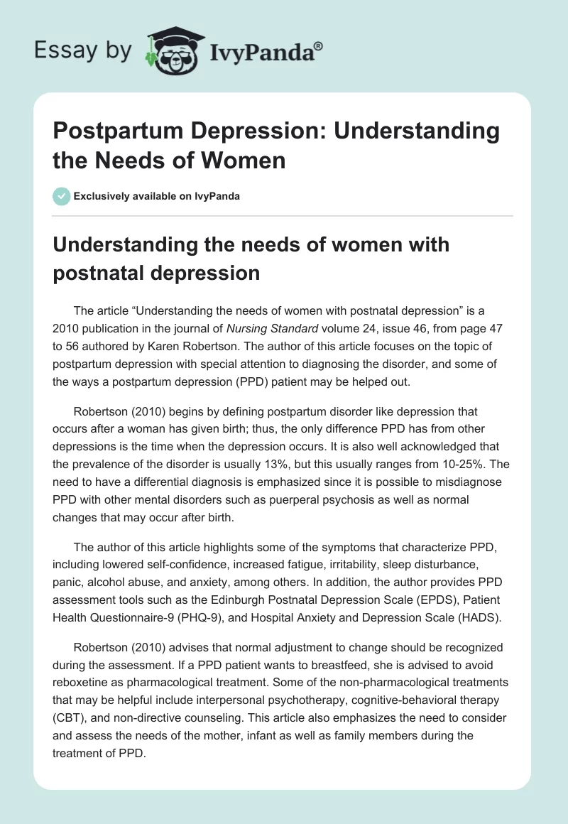 Postpartum Depression: Understanding the Needs of Women. Page 1