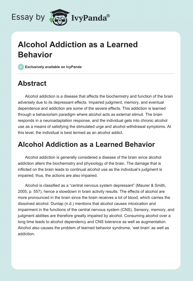 Alcohol Addiction as a Learned Behavior. Page 1