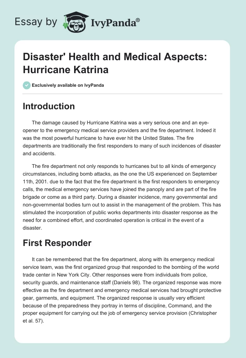 Disaster' Health and Medical Aspects: Hurricane Katrina. Page 1