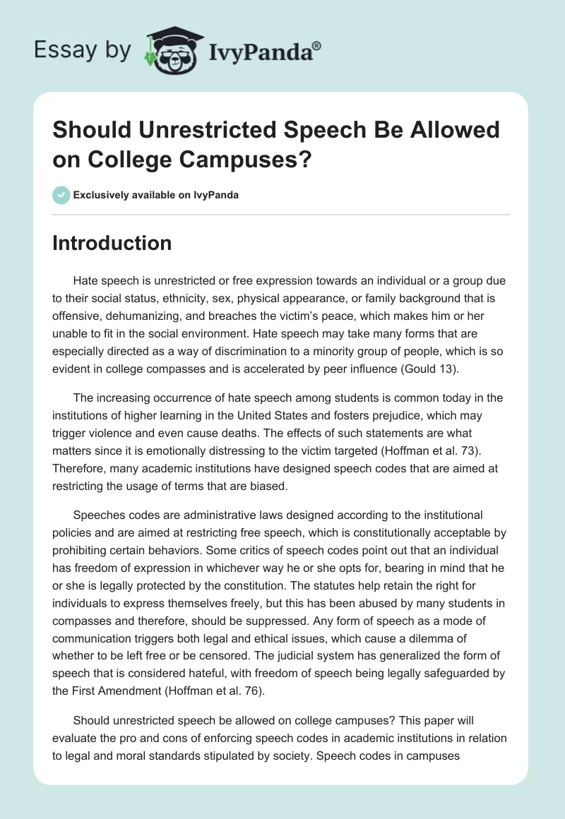 Should Unrestricted Speech Be Allowed on College Campuses?. Page 1