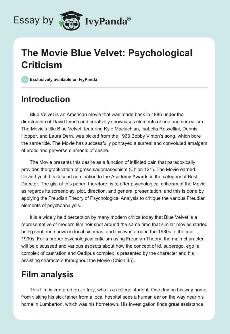 The Movie "Blue Velvet": Psychological Criticism. Page 1