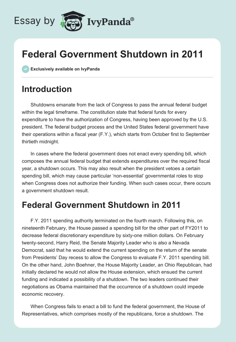 Federal Government Shutdown in 2011. Page 1