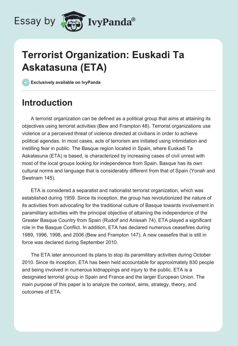 Terrorist Organization: Euskadi Ta Askatasuna (ETA). Page 1