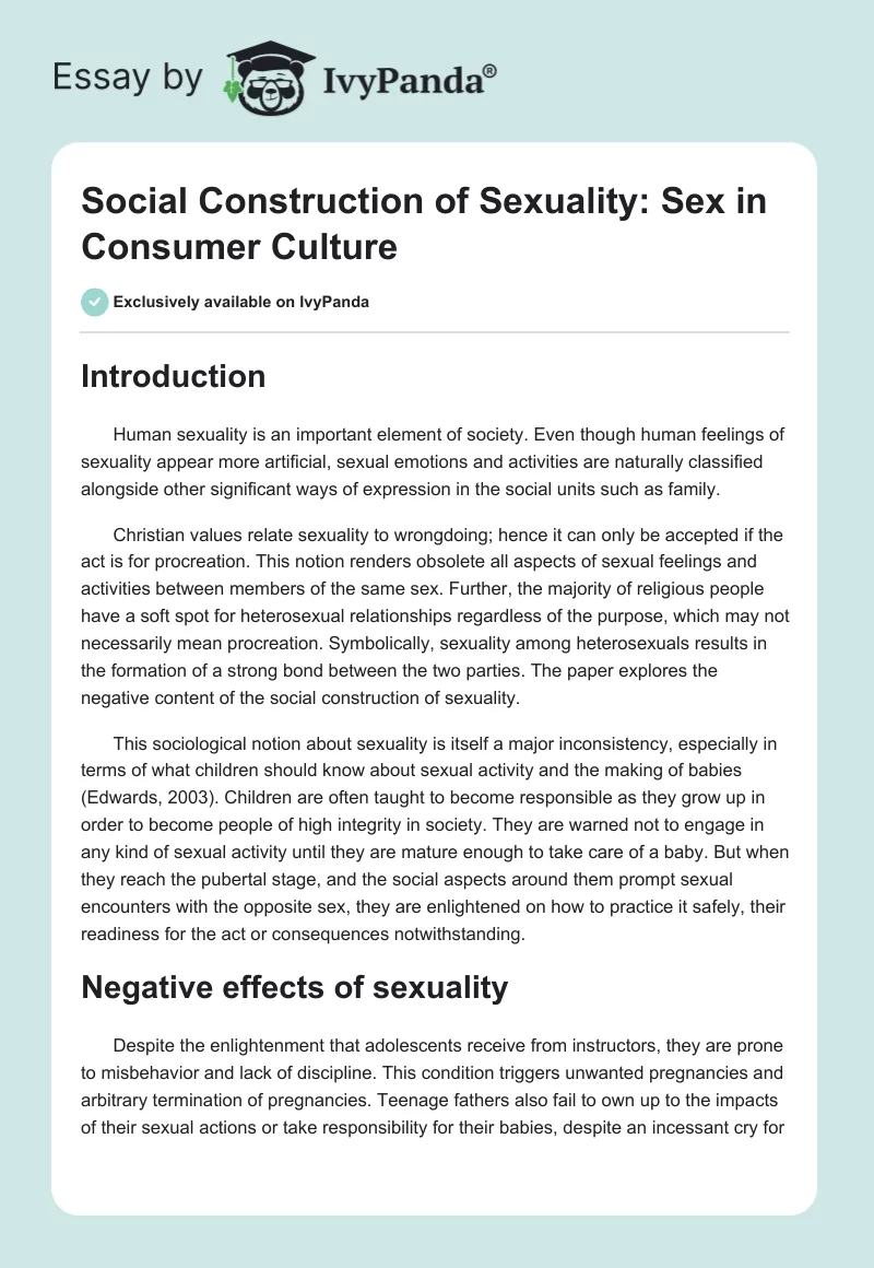 Social Construction of Sexuality: Sex in Consumer Culture. Page 1