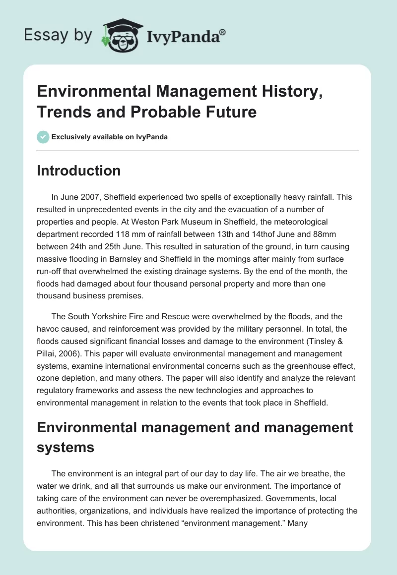 Environmental Management History, Trends and Probable Future. Page 1