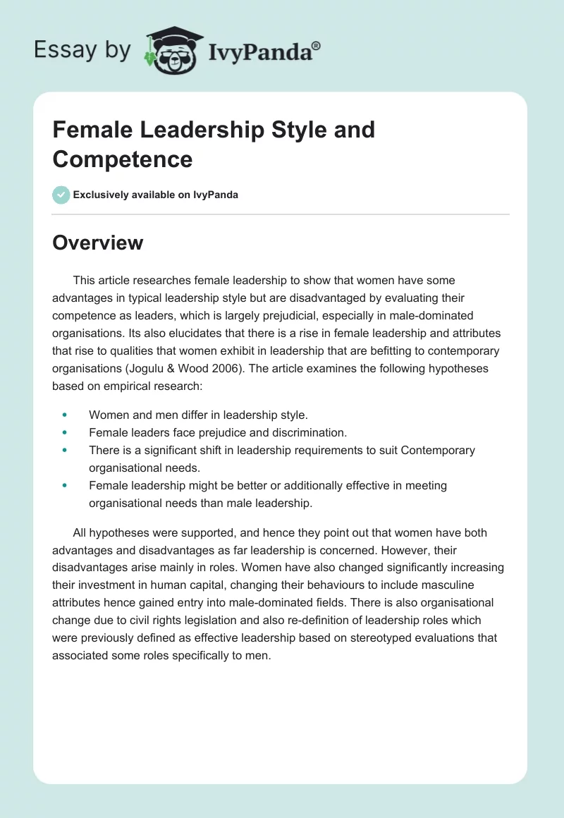 Female Leadership Style and Competence. Page 1