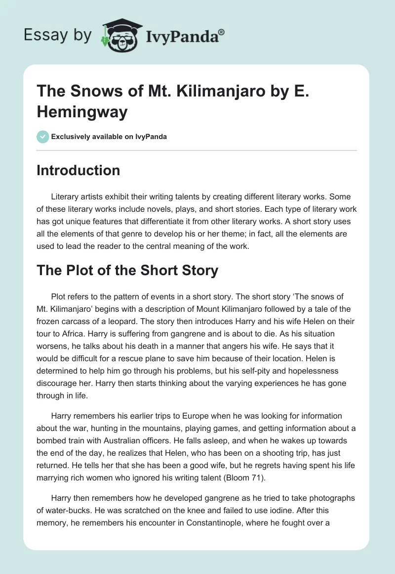 "The Snows of Mt. Kilimanjaro" by E. Hemingway. Page 1