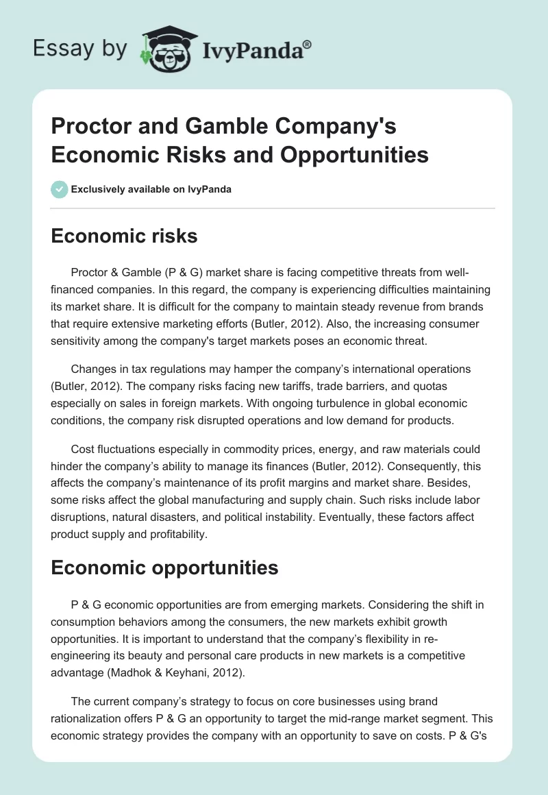 Proctor and Gamble Company's Economic Risks and Opportunities. Page 1
