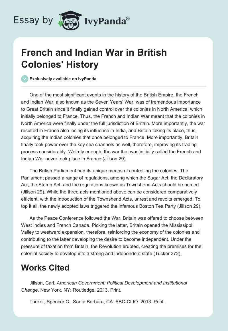 French and Indian War in British Colonies' History. Page 1