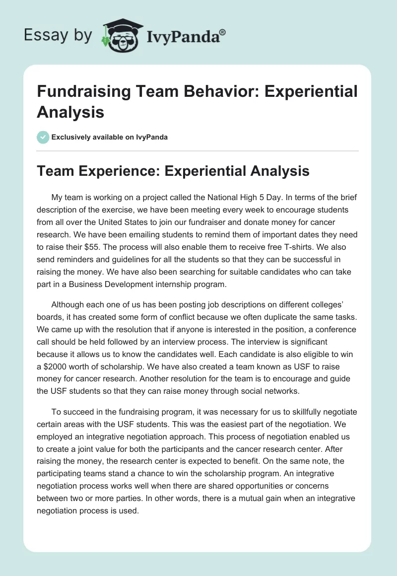 Fundraising Team Behavior: Experiential Analysis. Page 1