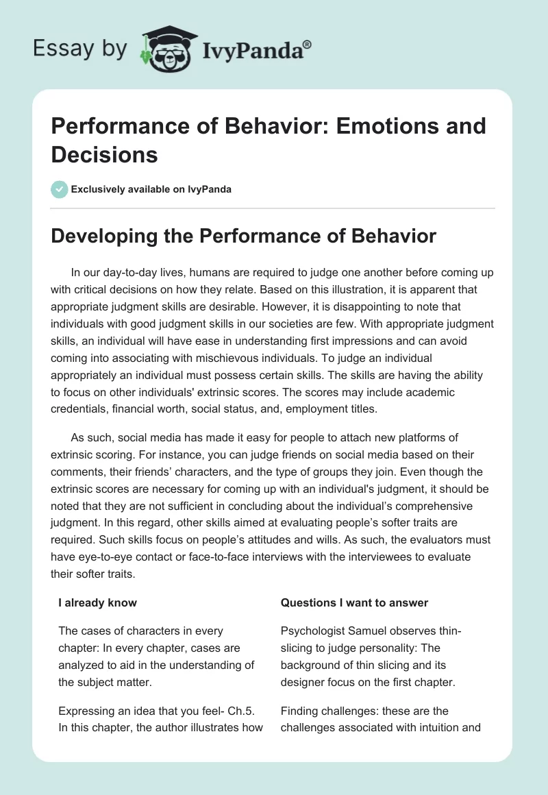 Performance of Behavior: Emotions and Decisions. Page 1