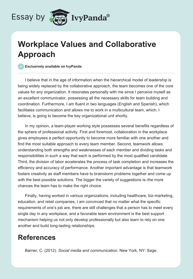 Workplace Values and Collaborative Approach. Page 1