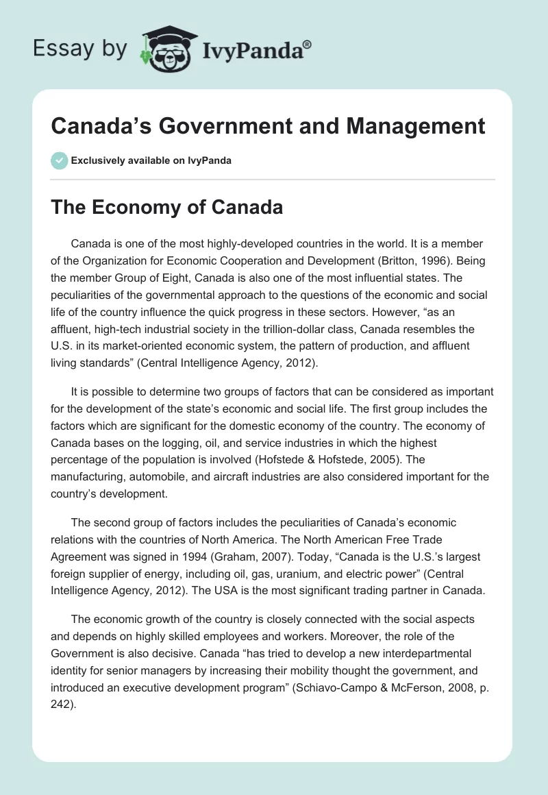 Canada’s Government and Management. Page 1